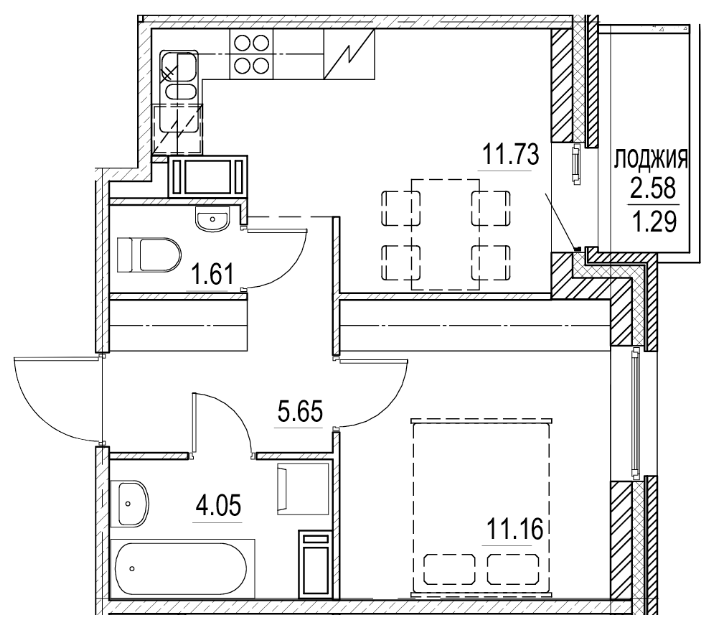 1-комнатная 35.49 м²