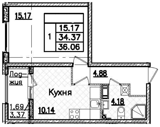 1-комнатная 36.06 м²