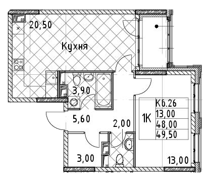 1-комнатная 49.5 м²