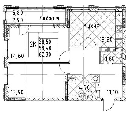 2-комнатная 62.3 м²