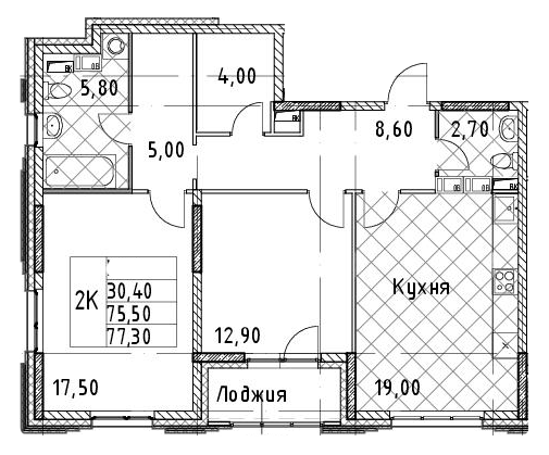 2-комнатная 77.3 м²