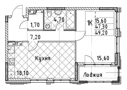1-комнатная 49.2 м²