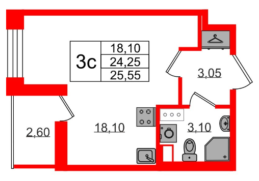 Студия 25.55 м²