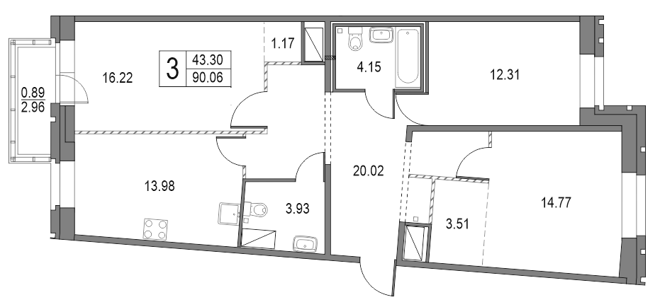 3-комнатная 90.95 м²