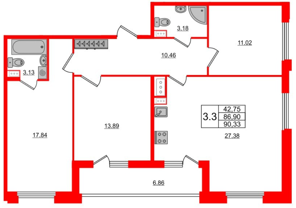 3-комнатная 90.33 м²