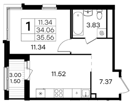1-комнатная 35.56 м²