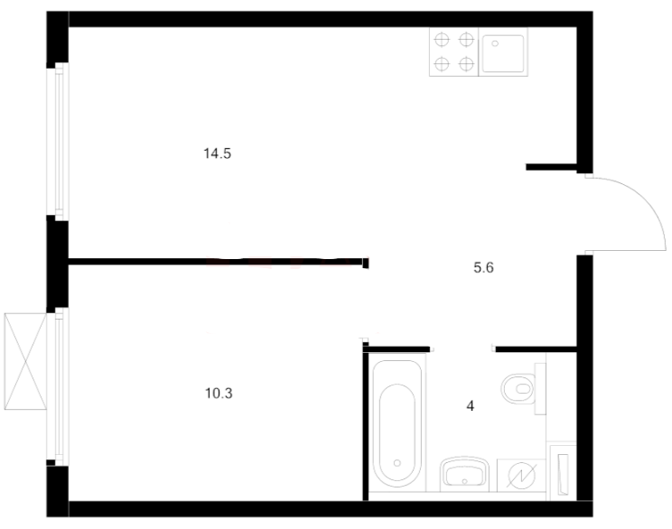 1-комнатная 34.4 м²