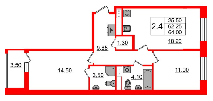 2-комнатная 64 м²