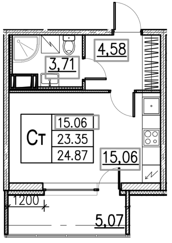 Студия 24.87 м²