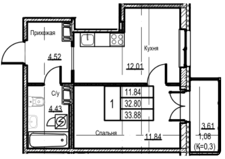 1-комнатная 33.88 м²