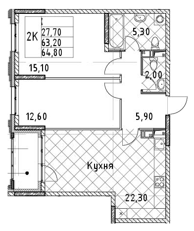 2-комнатная 64.8 м²