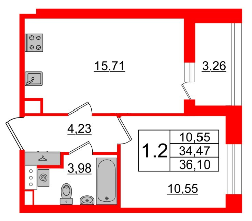 1-комнатная 36.1 м²