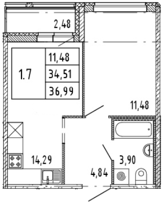 1-комнатная 36.99 м²