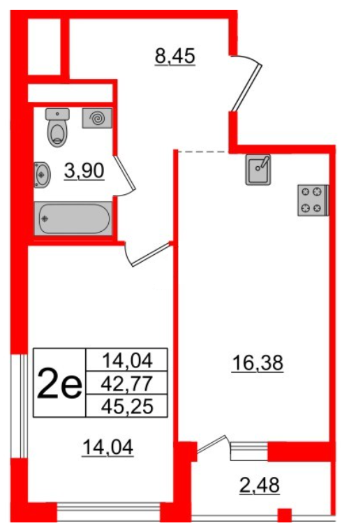 1-комнатная 45.25 м²