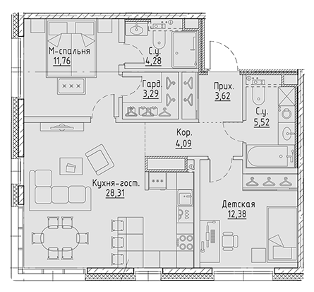 2-комнатная 73.25 м²
