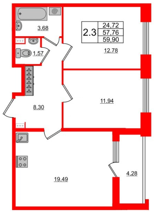 2-комнатная 59.9 м²