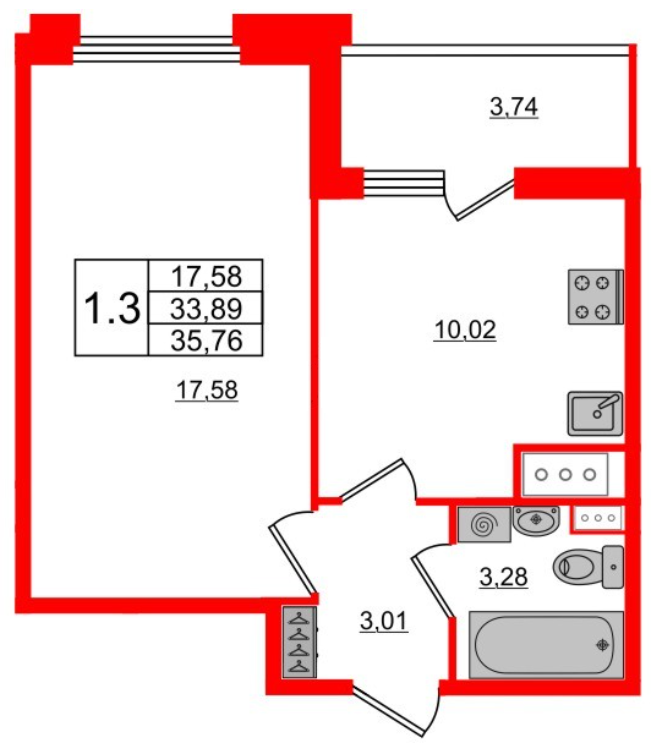 1-комнатная 35.76 м²