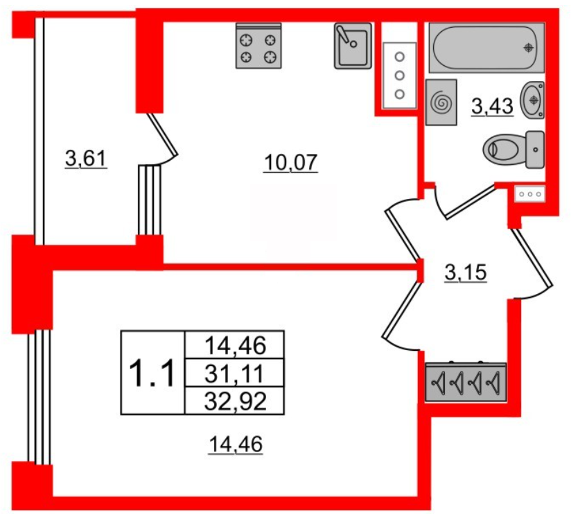 1-комнатная 32.92 м²
