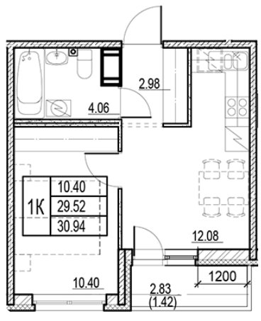 1-комнатная 30.94 м²