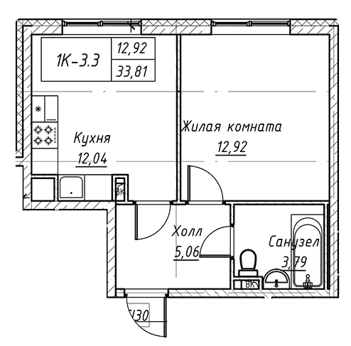 1-комнатная 33.81 м²