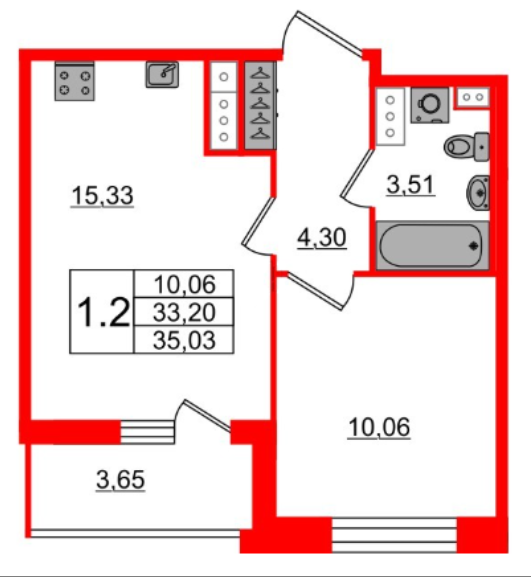 1-комнатная 35.03 м²