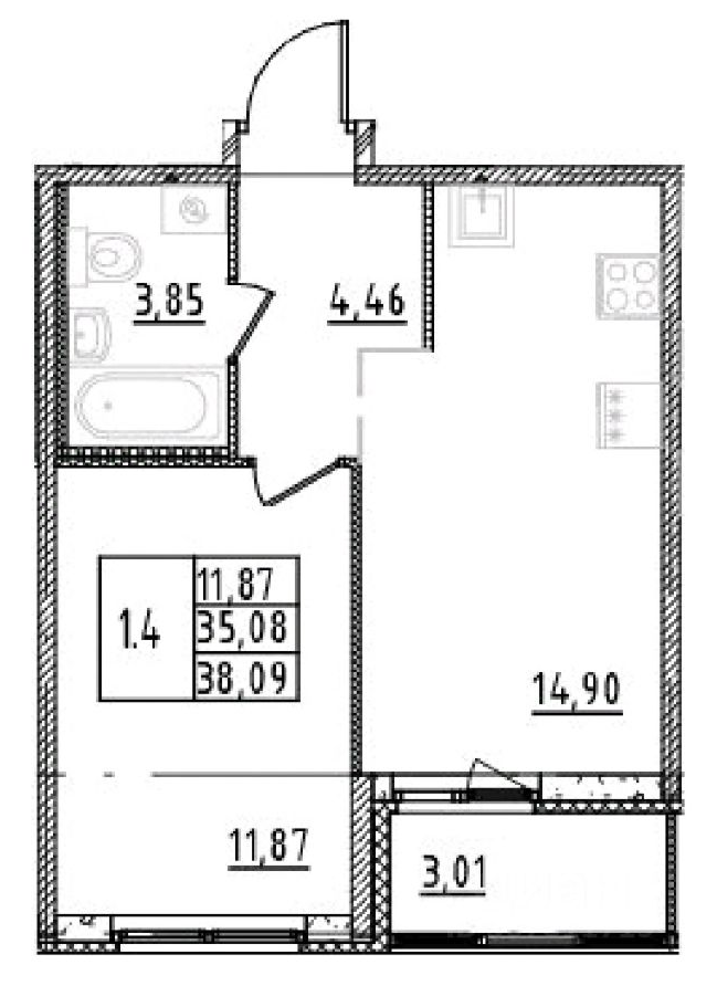 1-комнатная 36.6 м²