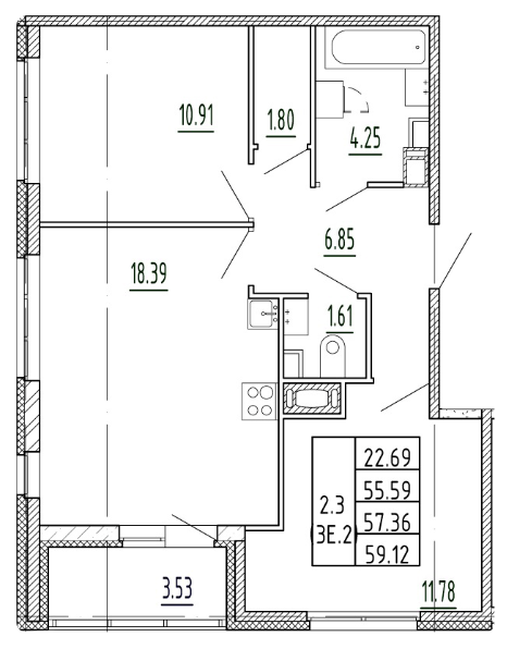 2-комнатная 57.36 м²