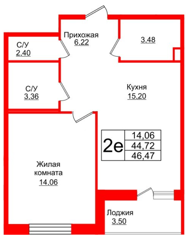 1-комнатная 46.47 м²