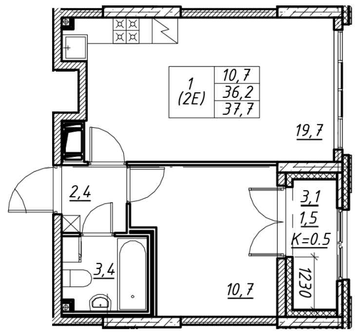 1-комнатная 37.7 м²