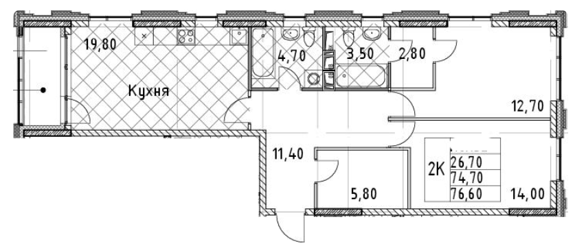 2-комнатная 76.6 м²