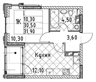 1-комнатная 31.9 м²