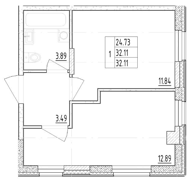 1-комнатная 32.11 м²