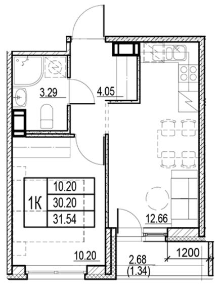 1-комнатная 31.54 м²