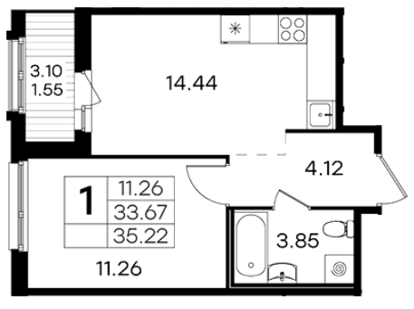 1-комнатная 35.22 м²