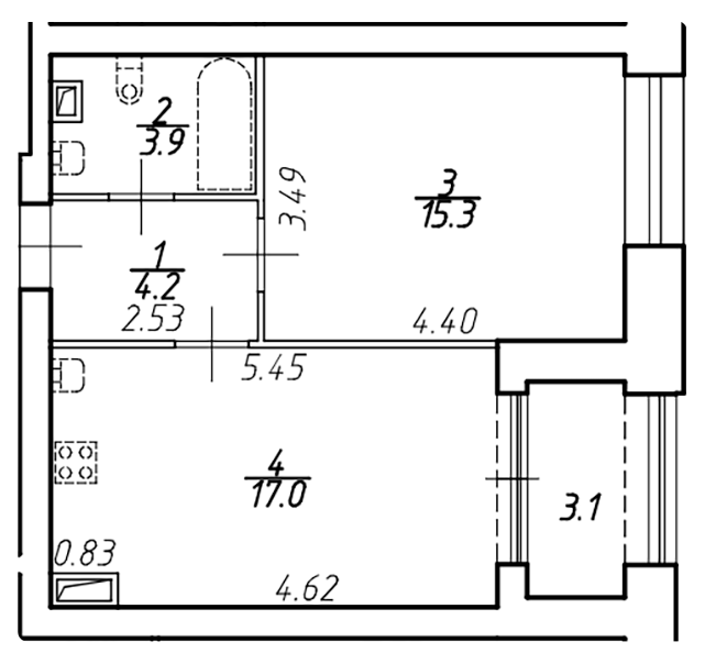 1-комнатная 41.95 м²