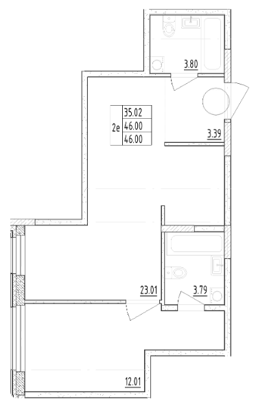 1-комнатная 46 м²