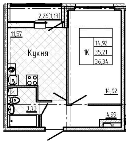 1-комнатная 36.34 м²