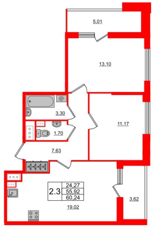 2-комнатная 60.24 м²