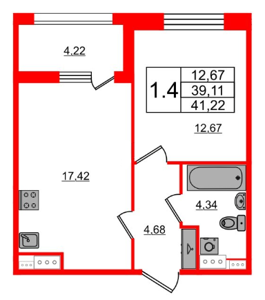 1-комнатная 41.22 м²