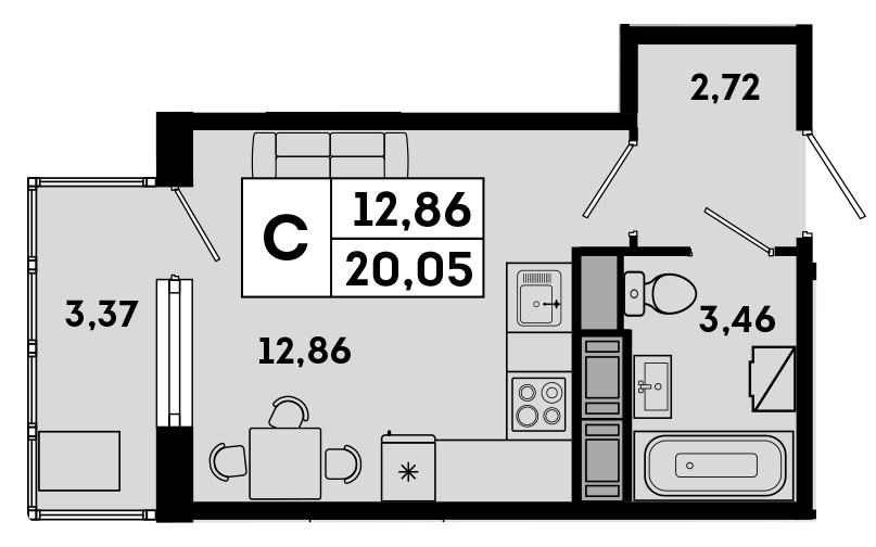 Студия 20.05 м²