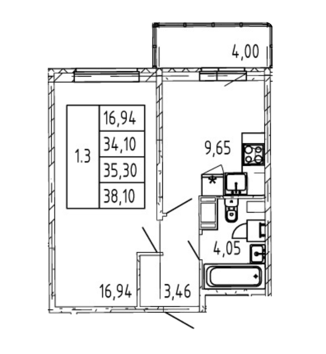 1-комнатная 35.3 м²