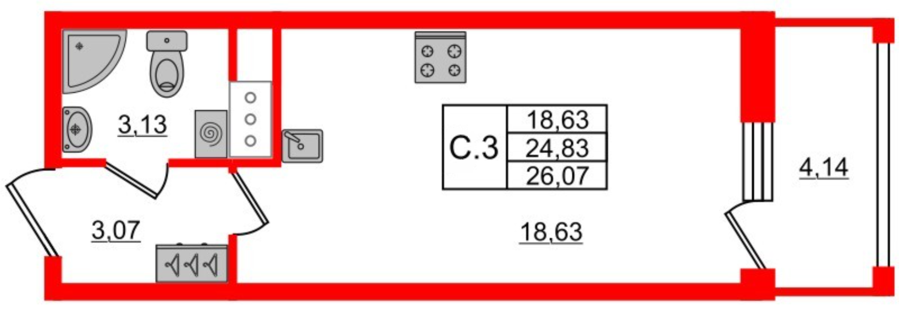Студия 26.07 м²