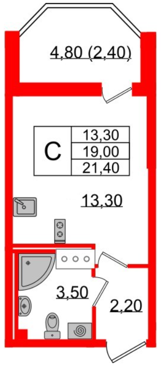 Студия 21.4 м²