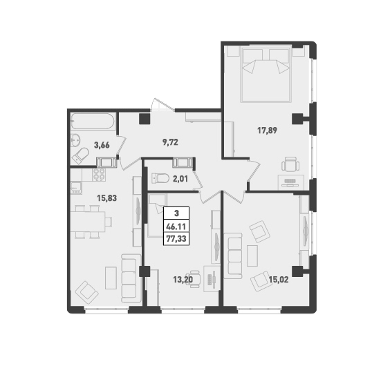 3-комнатная 77.33 м²
