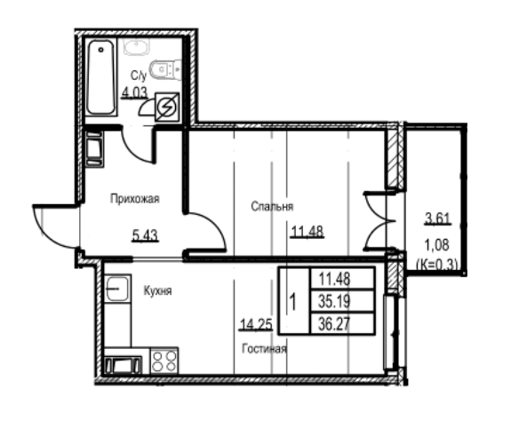 1-комнатная 36.27 м²