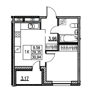 1-комнатная 30.94 м²