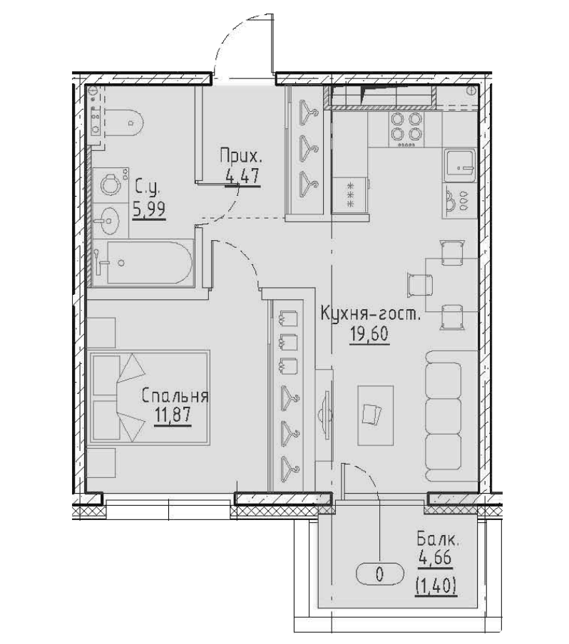 1-комнатная 43.3 м²