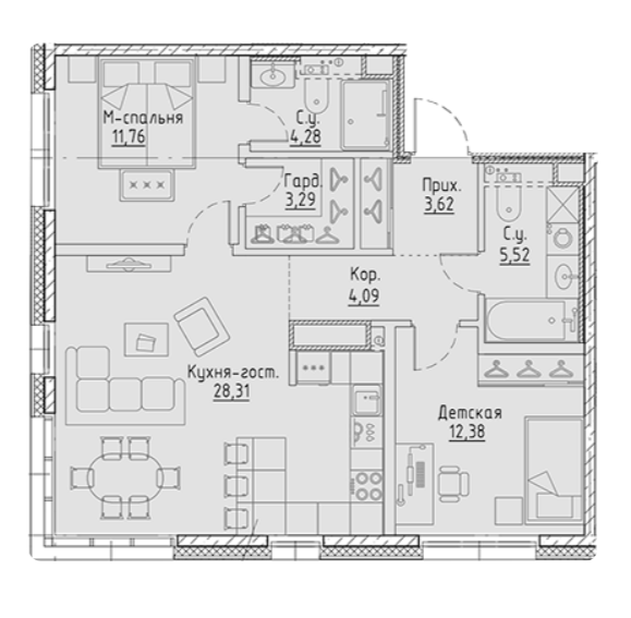 3-комнатная 73.25 м²
