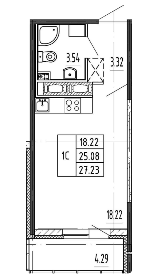 Студия 25.08 м²