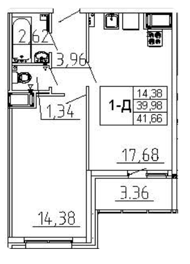 1-комнатная 41.66 м²